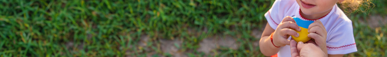Naklejka premium Child in a field of wheat with the flag of Ukraine. Selective focus.
