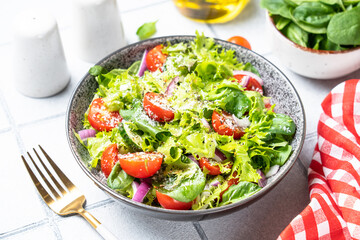 Green vegetable salad with fresh leaves. Healthy food.