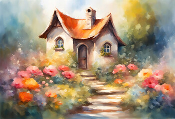 Fototapeta na wymiar Fairytale house with flowers, cute watercolor ink style illustration.