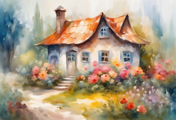 Fairytale  house with flowers, cute watercolor ink style illustration.