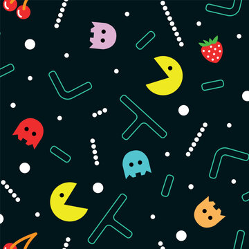 pattern seamless repeat nineties console retro 90s trend, vintage millenniums geometry berry maze octopus pacman yellow colorful background backdrop wrapping print wallpaper video game over 90s 80s