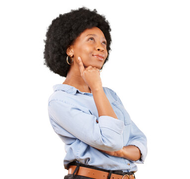 Happy black woman, thinking and solution to ideas, planning future or question why isolated on transparent png background. Curious model daydream of decision, remember insight or brainstorming vision