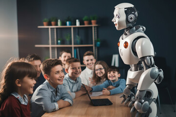 Children engaged in a educational activity with a robot at a table