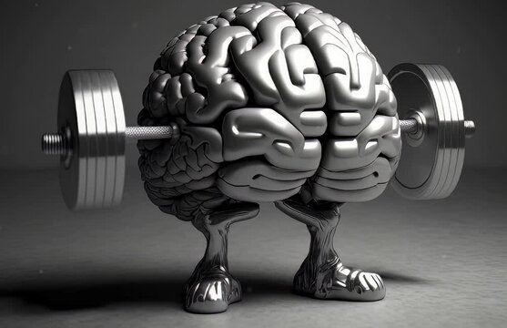A 3D brain lifting a barbell, representing strength and intelligence. Generative ai