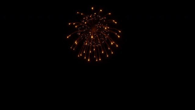 Golden single firework burst on black background  with space for text. Pyrotechnic show in the night sky. Festive collection greeting card. Holiday celebration concept