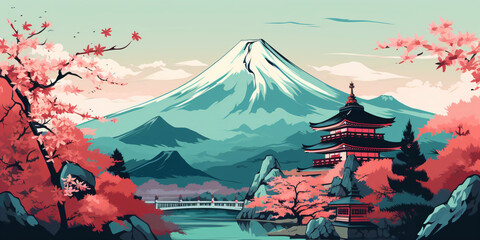 asian architecture in cartoon style, fictional landscape made with generative ai