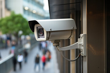 A security camera mounted on the side of a building