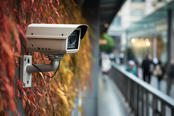 A surveillance camera monitoring a busy sidewalk