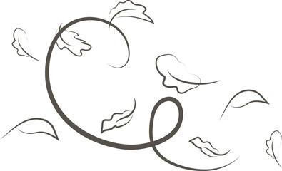 Wind blow set in line style.Wave flowing illustration with hand drawn doodle cartoon style.Outline drawing of a breath of wind with flying autumn leaves.