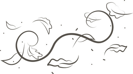 Wind blow set in line style.Wave flowing illustration with hand drawn doodle cartoon style.Outline drawing of a breath of wind with flying autumn leaves.