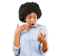 Phone, wow and surprise of black woman isolated on a transparent png background. Smartphone, shock or African person with fake news on social media, reading scam email or problem, crisis or wtf emoji