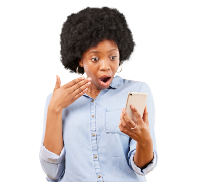 Phone, wow and surprise of black woman isolated on a transparent png background. Smartphone, shock or African person with fake news on social media, reading scam email or problem, crisis or wtf emoji - Powered by Adobe