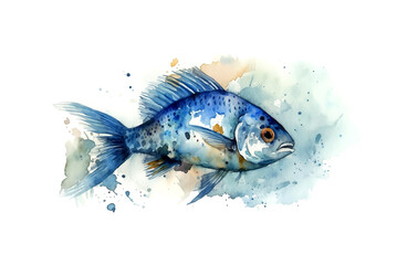 Watercolor illustration of a blue fish with splashes of watercolor paint