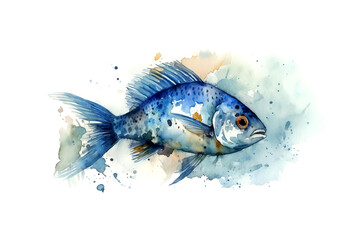 Fototapeta premium Watercolor illustration of a blue fish with splashes of watercolor paint