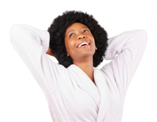 Black woman relax, bathrobe and smile for spa treatment, luxury or self care isolated on a transparent PNG background. Happy young African female thinking or dreaming in facial skincare and wellness