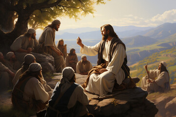 Divine Teachings, Jesus Engaging with His Followers through Parables in the Serene Wilderness Illustration