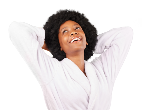 Black woman relax, bathrobe and smile for spa treatment, luxury or self care isolated on a transparent PNG background. Happy young African female thinking or dreaming in facial skincare and wellness