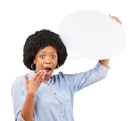 Wow, portrait and black woman with speech bubble surprise on isolated, transparent or png background. Omg, face and African female with social media, billboard or shocking news, promo or sign up deal