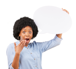 Wow, portrait and black woman with speech bubble surprise on isolated, transparent or png background. Omg, face and African female with social media, billboard or shocking news, promo or sign up deal