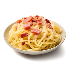 Classic homemade carbonara pasta with pancetta, egg, hard parmesan cheese and cream sauce. Italian cuisine. Spaghetti alla carbonara