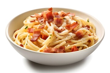 Classic homemade carbonara pasta with pancetta, egg, hard parmesan cheese and cream sauce. Italian...