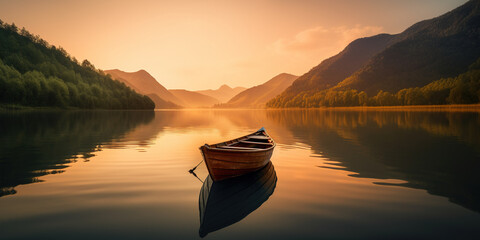 empty fisher boat in the river in Sunrise through the mountains - 631169118