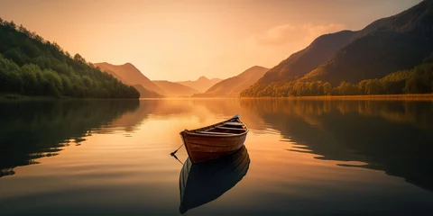 Küchenrückwand glas motiv empty fisher boat in the river in Sunrise through the mountains © tan4ikk