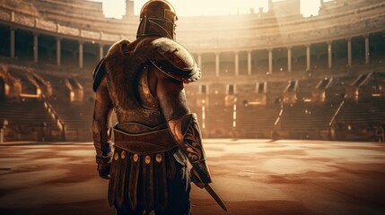 Naklejka premium Ancient Roman gladiator standing in the arena. Created with Generative AI.
