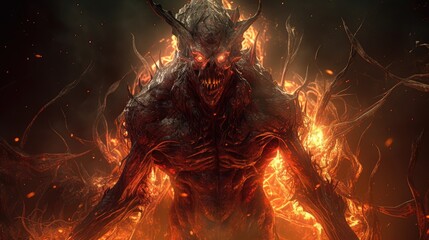 Scary demon monster in hell. Created with generative AI.