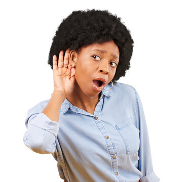 Secret, gossip and black woman listening, isolated on transparent png background with wow or wtf face expression. Surprise, shock and curious African model with afro, whisper and confidential news.