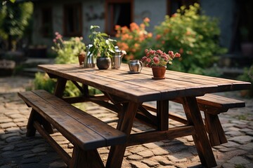 Fototapeta na wymiar Empty wooden table with picnic in garden background. Generative AI
