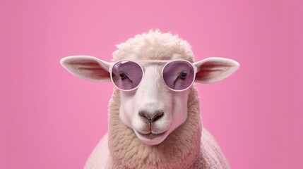 Portrait of funny sheep wearing sunglasses, isolated on pink background. ai generated