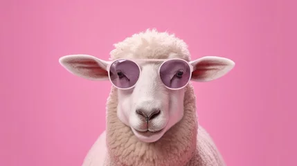 Foto op Canvas Portrait of funny sheep wearing sunglasses, isolated on pink background. ai generated © mariof