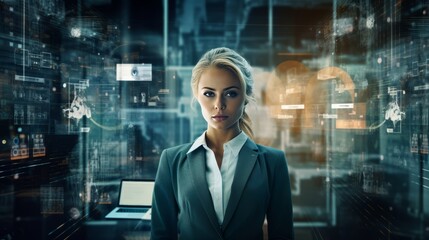 business innovation data technology business woman engineer communicate source code programing data virtual hud digital technology innovation touch screen interface hologram,ai generate