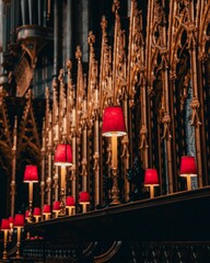 Candlelit cathedral featuring numerous red candles and golden chandeliers