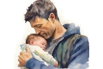 Young dad embraces their newborn with care and love. Family and child care concept. Watercolor illustration. Generative AI