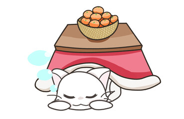 こたつに入ってくつろぐ白猫