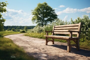 Obraz premium Empty bench table with picnic in garden background. Generative AI