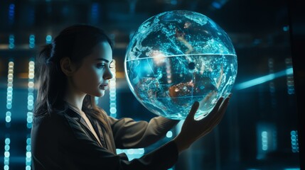 business big data analysis futuristic innovation global connecting hologram visual data screen informaion business woman ้hand control augmented world graphic shape form digital connect, ai generate