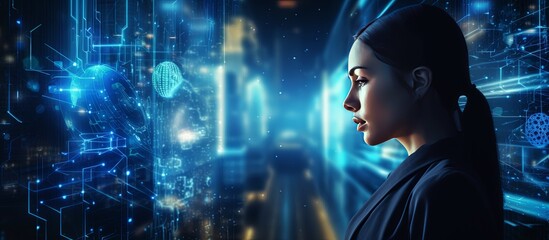 business innovation data technology business woman engineer communicate source code programing data virtual hud digital technology innovation touch screen interface hologram,ai generate