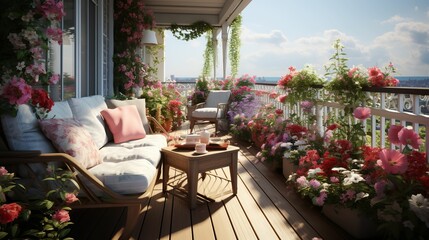 Fototapeta na wymiar Apartment balcony decorated with flowers, apartment balcony full of flowers, INS style balcony garden