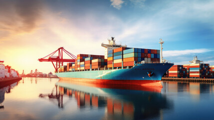 Naklejka premium Container ship at industrial port in import export business logistic and transportation of international by container ship in the sea, Container loading in cargo freight ship with industrial crane.