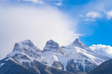 Landscape of rocky snowy mountains in Canmore, Canada