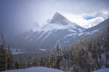 Landscape of the snowy mountains of Kananaskis Country in Canada