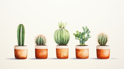 Watercolor cactus minimal collection in clay pot isolated on white background.