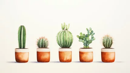 Fotobehang Cactus in pot Watercolor cactus minimal collection in clay pot isolated on white background.