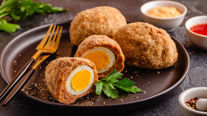 Traditional Scotch Eggs on a black plate.