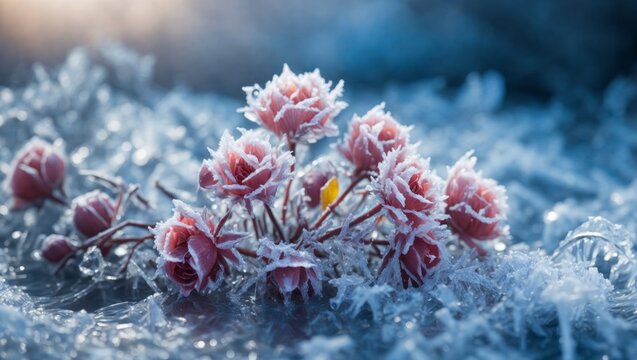 Frozen flowers in the snow. Panoramic background with flooded light and flowers with frost.