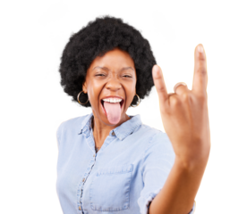 Rock hand, metal and black woman portrait with tongue out for punk music isolated on a transparent PNG background. Happiness, freedom or cool young African female person, edgy rocker and hands sign