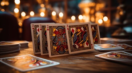 Poker playing cards on blurred background - obrazy, fototapety, plakaty